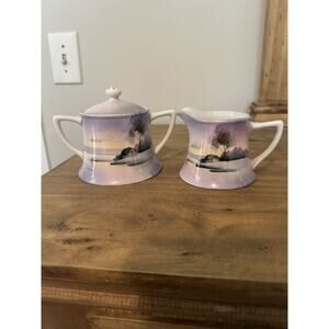 Vintage Hand Painted Meito China Purple Creamer And Sugar Set